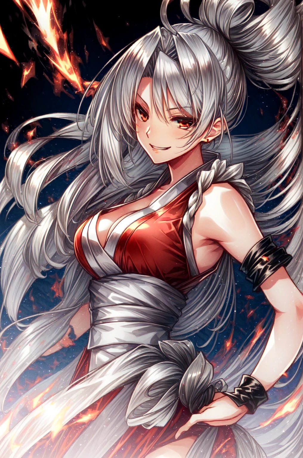 12k,((Highest quality)), ((masterpiece)), Dance does not know fire, My Style, Red clothes, striking a confident pose, , Warm front light, Contrast and sharpness, Medium depth of field, Dynamic Perspective, Proper scale and proportions, Detailed velvet texture., (,Inside the futuristic base:1.2),(evil smile:1.2),(Silver Hair:1.4),mai-shiranui,
maistyle