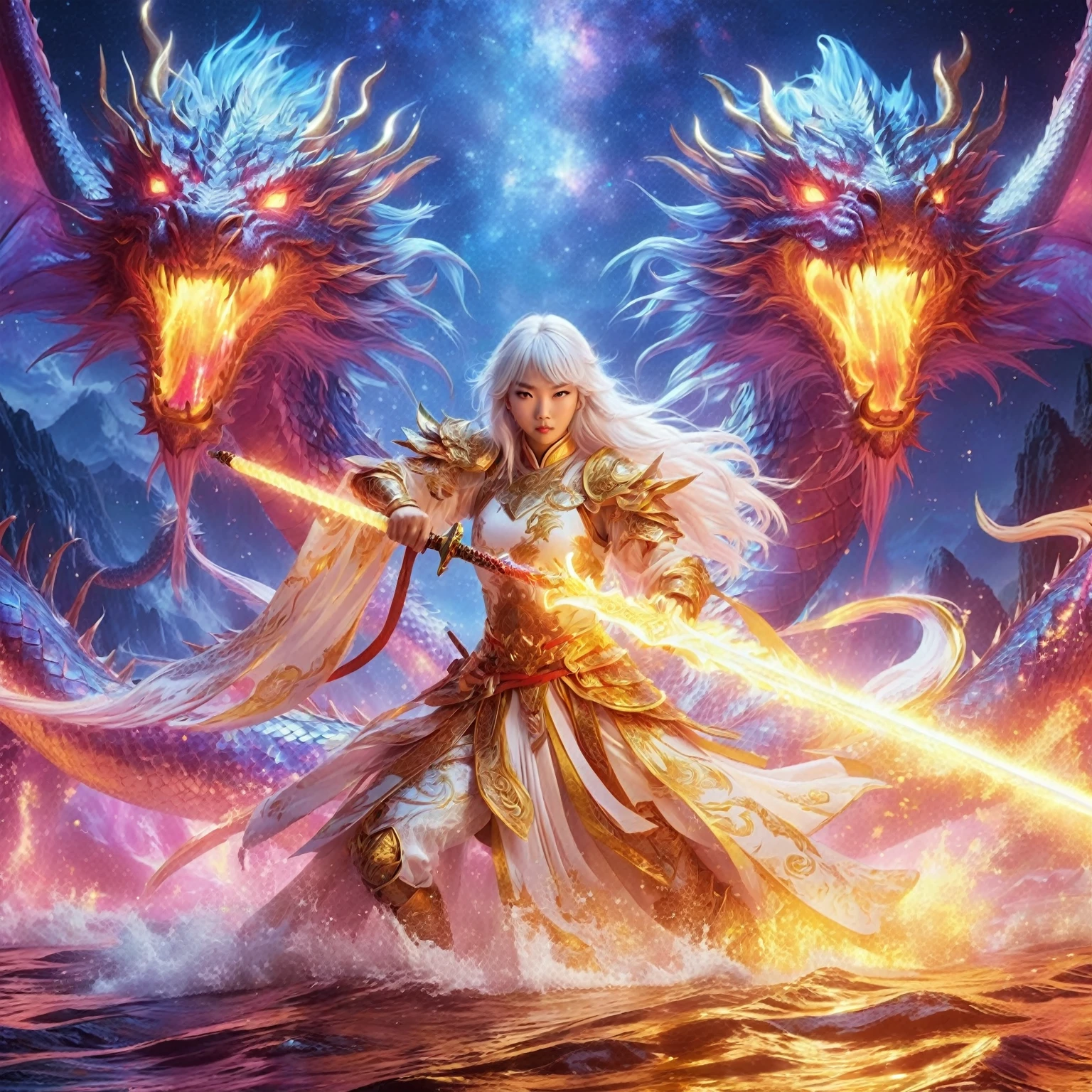 Angle shot of the highlands, blue and pink fiery river in the lowlands, Portrait of a Asian white haired female warrior wearing a radiant white and gold costume holding a glowing shiny sword she is in a stunning action fighting pose facing at the camera, with shiny huge and fierce dragons, flying on the golden river, the dragon's mouth opened wide and spat out hot flames, the pink and blue of the abstract milky way in the night, cinematic surrealist fantasy warrior art, hd