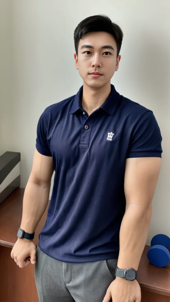 A male police officer in his 20s poses for a group photo., Wear a navy blue polo shirt., high resolution, Masterpiece, best quality, head:1.3,, Smooth and fine skin, clear focus, (movie light), during the night, gentle light, Dynamic angle, (detailed face:1.2), (((exercise))), sport, His arm muscles were very big., hand in crotch, in his bedroom ,natural and delicate,