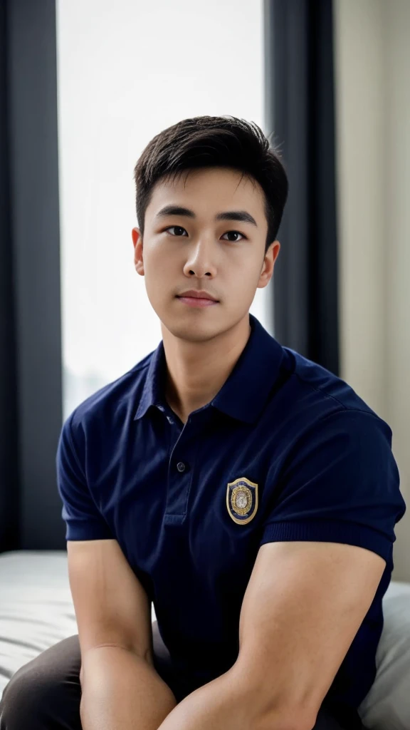 A male police officer in his 20s poses for a group photo., Wear a navy blue polo shirt., high resolution, Masterpiece, best quality, head:1.3,, Smooth and fine skin, clear focus, (movie light), during the night, gentle light, Dynamic angle, (detailed face:1.2), (((exercise))), sport, His arm muscles were very big., hand in crotch, in his bedroom ,natural and delicate,