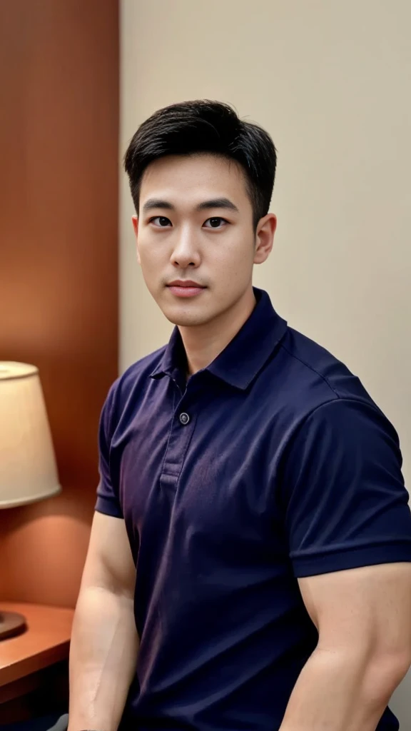 A male police officer in his 20s poses for a group photo., Wear a navy blue polo shirt., high resolution, Masterpiece, best quality, head:1.3,, Smooth and fine skin, clear focus, (movie light), during the night, gentle light, Dynamic angle, (detailed face:1.2), (((exercise))), sport, His arm muscles were very big., hand in crotch, in his bedroom ,natural and delicate,