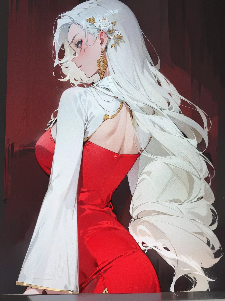 Add in roses to her dress, a good back dress design with some golden jewelry, make her dress into a red and white gown with a hat, give her some unique Jewelry, and make her look somewhat of a demonic angel like appearance to her