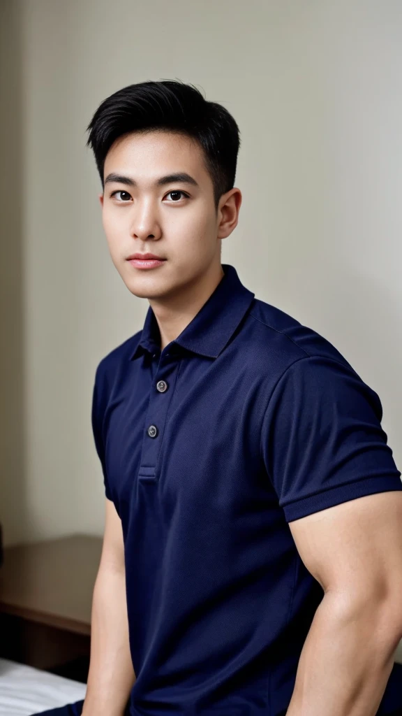 A male police officer in his 20s poses for a group photo., Wear a navy blue polo shirt., high resolution, Masterpiece, best quality, head:1.3,, Smooth and fine skin, clear focus, (movie light), during the night, gentle light, Dynamic angle, (detailed face:1.2), (((exercise))), sport, His arm muscles were very big., hand in crotch, in his bedroom ,natural and delicate,