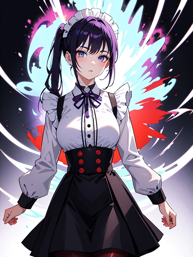 Dressed in maid uniform ,　Mature face,tall, Wearing black tights,Blue Eyes,Updo, He wore black trousers, whole body黒の服, The skin is hidden　and (Ink blotches:1.1), (pale:1.2),(purple:1.2),(Red/Black:1.2), I was wearing long pants,cool,Dressed in a black robe, Toned body, Wine red hair, one big woman, Nervous,Cowboy Shot, sketch (Character design sheet, same characters, whole body, Three-View, front, ~ ~ ~ side, return),(Very bright:1.1), White Background, [1 Girl:7], (Tilt your head:1.2), ([sketch|watercolor \(Moderate\)]:1.15),Chaotic Abstract Background, Vector Trace, Gradient Blending, Bright colors, that&#39;wonderful, Very detailed, Complex, (Very low contrast:1.4
