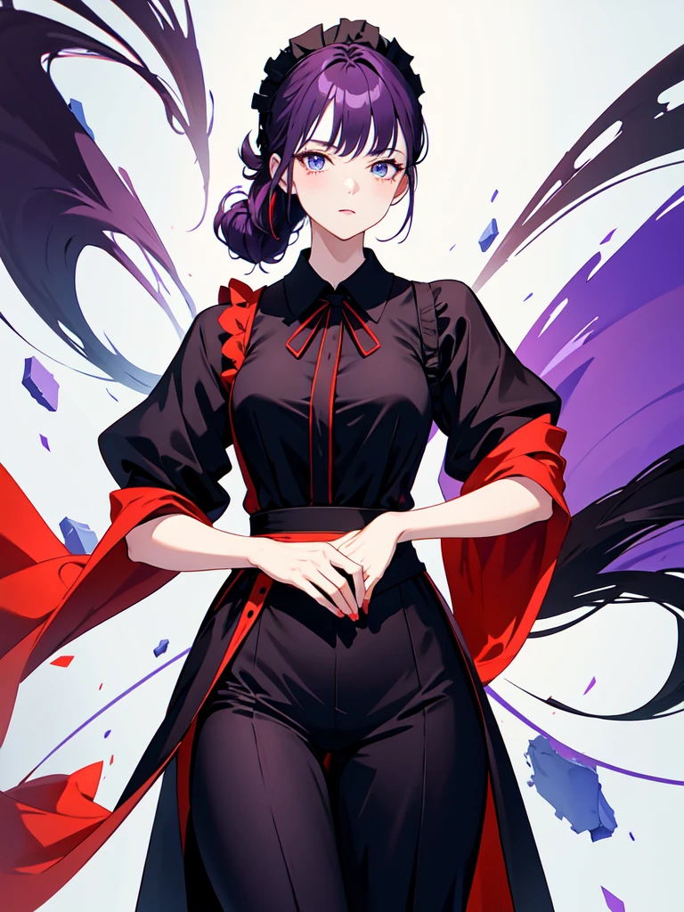 Dressed in maid uniform ,　Mature face,tall, Wearing black tights,Blue Eyes,Updo, He wore black trousers, whole body黒の服, The skin is hidden　and (Ink blotches:1.1), (pale:1.2),(purple:1.2),(Red/Black:1.2), I was wearing long pants,cool,Dressed in a black robe, Toned body, Wine red hair, one big woman, Nervous,Cowboy Shot, sketch (Character design sheet, same characters, whole body, Three-View, front, ~ ~ ~ side, return),(Very bright:1.1), White Background, [1 Girl:7], (Tilt your head:1.2), ([sketch|watercolor \(Moderate\)]:1.15),Chaotic Abstract Background, Vector Trace, Gradient Blending, Bright colors, that&#39;wonderful, Very detailed, Complex, (Very low contrast:1.4