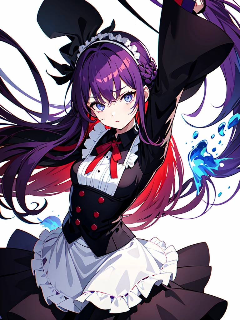 Dressed in maid uniform ,　Mature face,tall, Wearing black tights,Blue Eyes,Updo, He wore black trousers, whole body黒の服, The skin is hidden　and (Ink blotches:1.1), (pale:1.2),(purple:1.2),(Red/Black:1.2), I was wearing long pants,cool,Dressed in a black robe, Toned body, Wine red hair, one big woman, Nervous,Cowboy Shot, sketch (Character design sheet, same characters, whole body, Three-View, front, ~ ~ ~ side, return),(Very bright:1.1), White Background, [1 Girl:7], (Tilt your head:1.2), ([sketch|watercolor \(Moderate\)]:1.15),Chaotic Abstract Background, Vector Trace, Gradient Blending, Bright colors, that&#39;wonderful, Very detailed, Complex, (Very low contrast:1.4