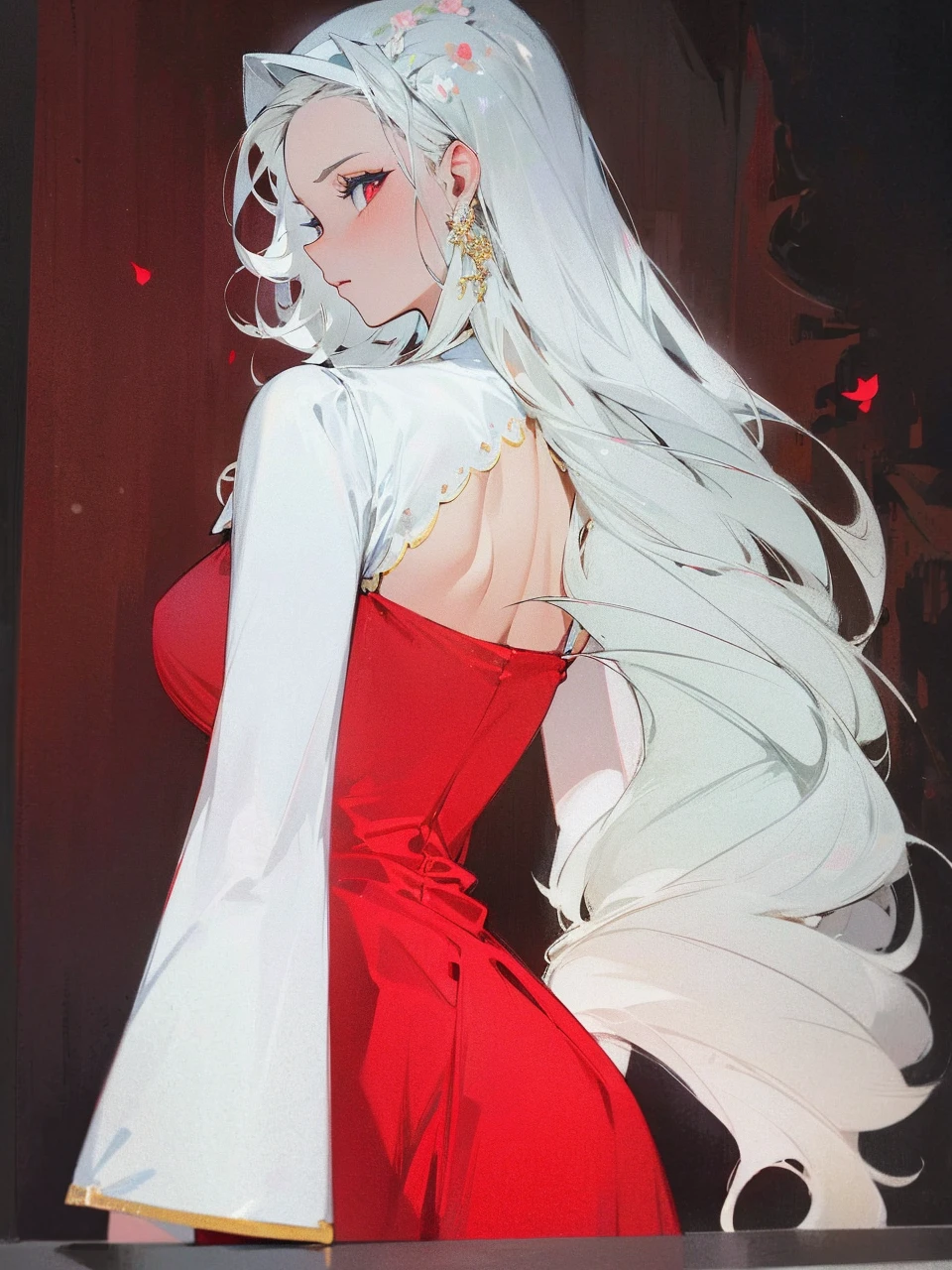 Add in roses to her dress, a good back dress design with some golden jewelry, make her dress into a red and white gown with a hat, give her some unique Jewelry, and make her look somewhat of a demonic angel like appearance to her