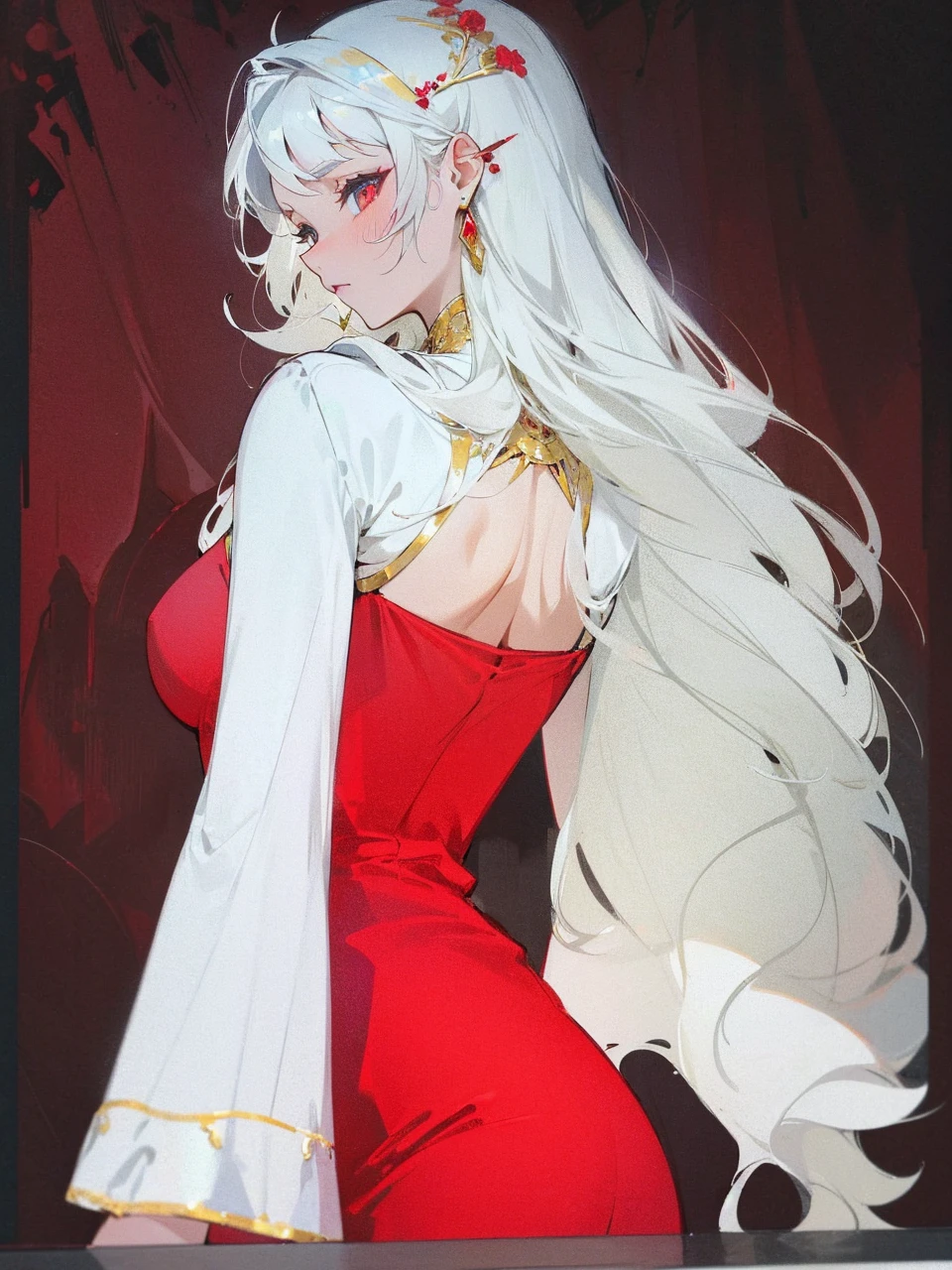 Add in roses to her dress, a good back dress design with some golden jewelry, make her dress into a red and white gown with a hat, give her some unique Jewelry, and make her look somewhat of a demonic angel like appearance to her