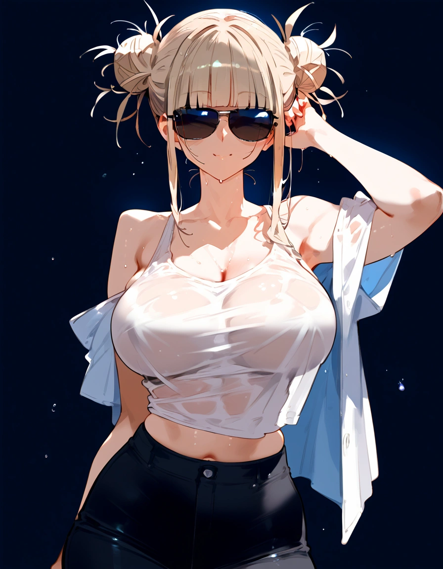 anime artwork, score_9, score_8_up, score_7_up, score_6_up, score_5_up, score_4_up, floox style    //////Himiko toga, big breasts, she is 24 years old, style_3, black background, wearing only shirt, wet shirt,  tank top, arms under clothes, naked, sunglasses covered eyes