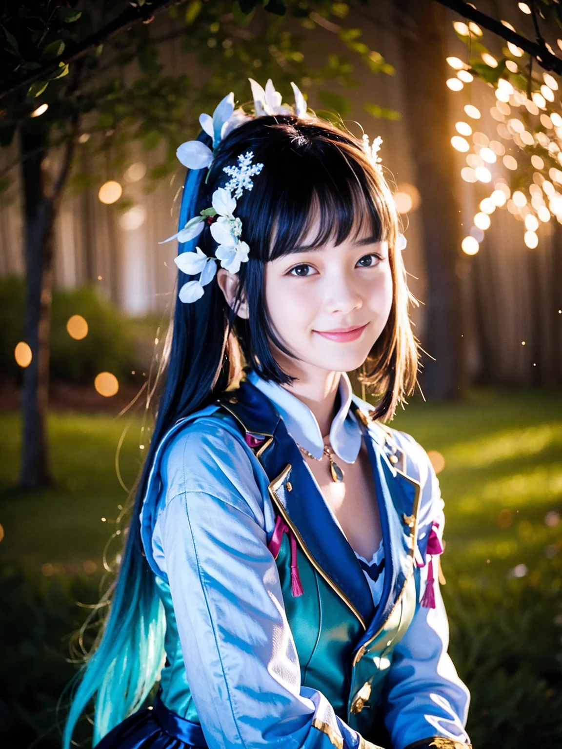 1girl,herry blossoms, 1girl, tree, solo, aurora, fireworks, long_hair, fireflies, light_particles, pine_tree, snowflake_background, milky_way, aerial_fireworks, headdress, arms behind body, blue_eyes, smile, face focus,photorealistic:1.4 detailed face,detailed eyes,shiny skin