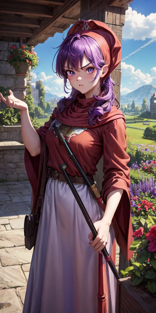 masterpiece, best quality, 4k, 8k, dqPom, red hood, purple hair, robe, cowboy shot, holding staff, sky, garden, looking at viewer, angry, shy