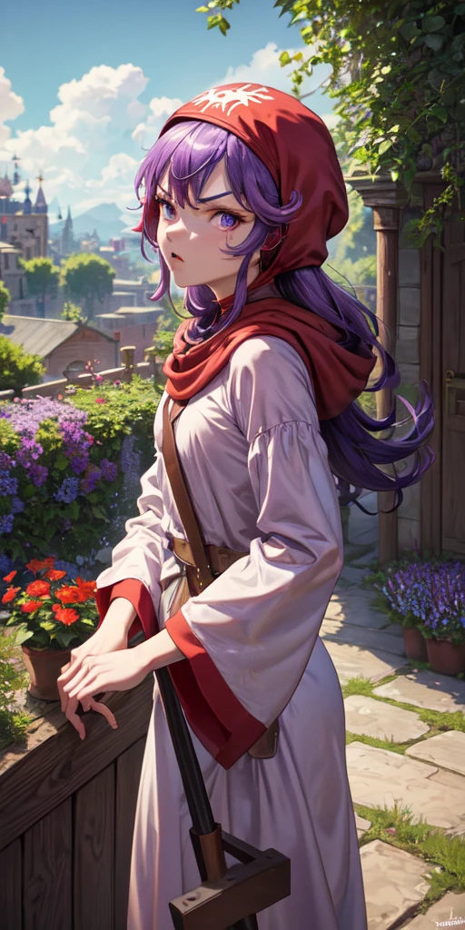 masterpiece, best quality, 4k, 8k, dqPom, red hood, purple hair, robe, cowboy shot, holding staff, sky, garden, looking at viewer, angry, shy 