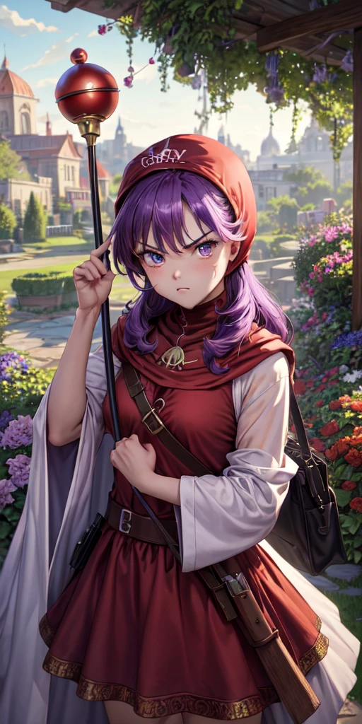 masterpiece, best quality, 4k, 8k, dqPom, red hood, purple hair, robe, cowboy shot, holding staff, sky, garden, looking at viewer, angry, shy 