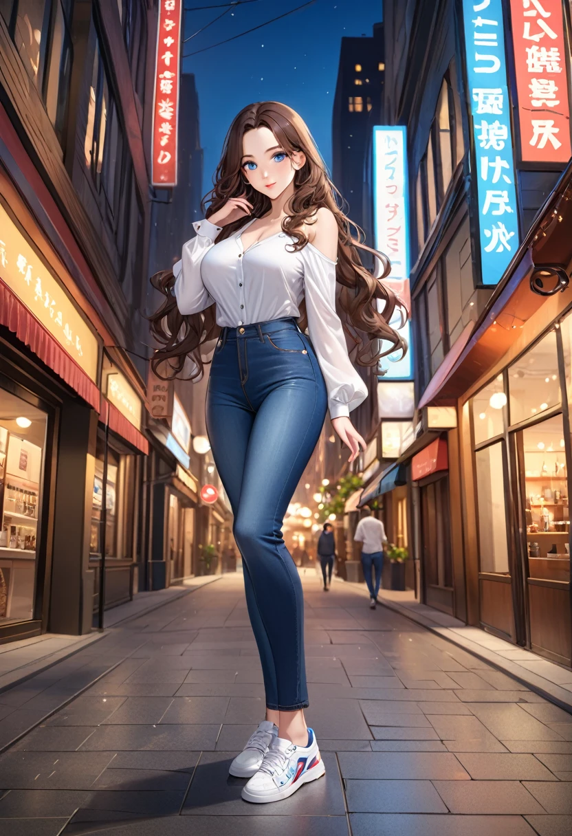 ((best quality, masterpiece:1.3, 8K)), (detailed), highly detailed face and skin texture, detailed eyes, downtown, full body, seductive pose, slender body, girl, 25 years old, white skin, blue eyes, bright lips, seductive smile, dark brown hair, wavy hair, long hair, (forehead:1.0), white blouse, bare shoulder, u-neck, long sleeves, large breast, jeans pants, tight jeans, blue jeans, white sneakers,