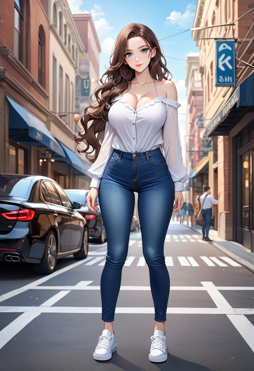 ((best quality, masterpiece:1.3, 8K)), (detailed), highly detailed face and skin texture, detailed eyes, downtown, full body, seductive pose, slender body, girl, 25 years old, white skin, blue eyes, bright lips, seductive smile, dark brown hair, wavy hair, long hair, (forehead:1.0), white blouse, bare shoulder, u-neck, long sleeves, large breast, jeans pants, tight jeans, blue jeans, white sneakers,