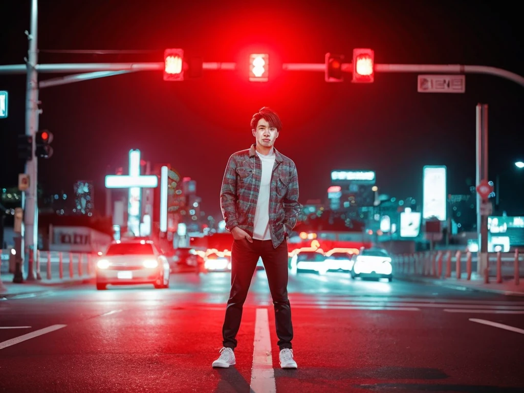 1 men, full body, flanel, traffic signlights