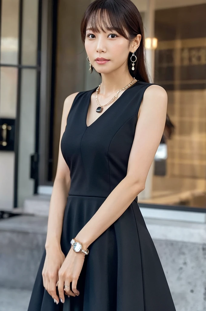 necklace, ring, watch, Earrings, (funeral:1.3), skirt, Black Dress, whole body, slender, 40 year old Japanese, woman, Beautiful face, Highest quality, Ultra-high resolution, (realism: 1.4), Depth of written boundary, Beautiful Face, (Purelos Face_v1: 0.8), Two people, Natural Makeup,