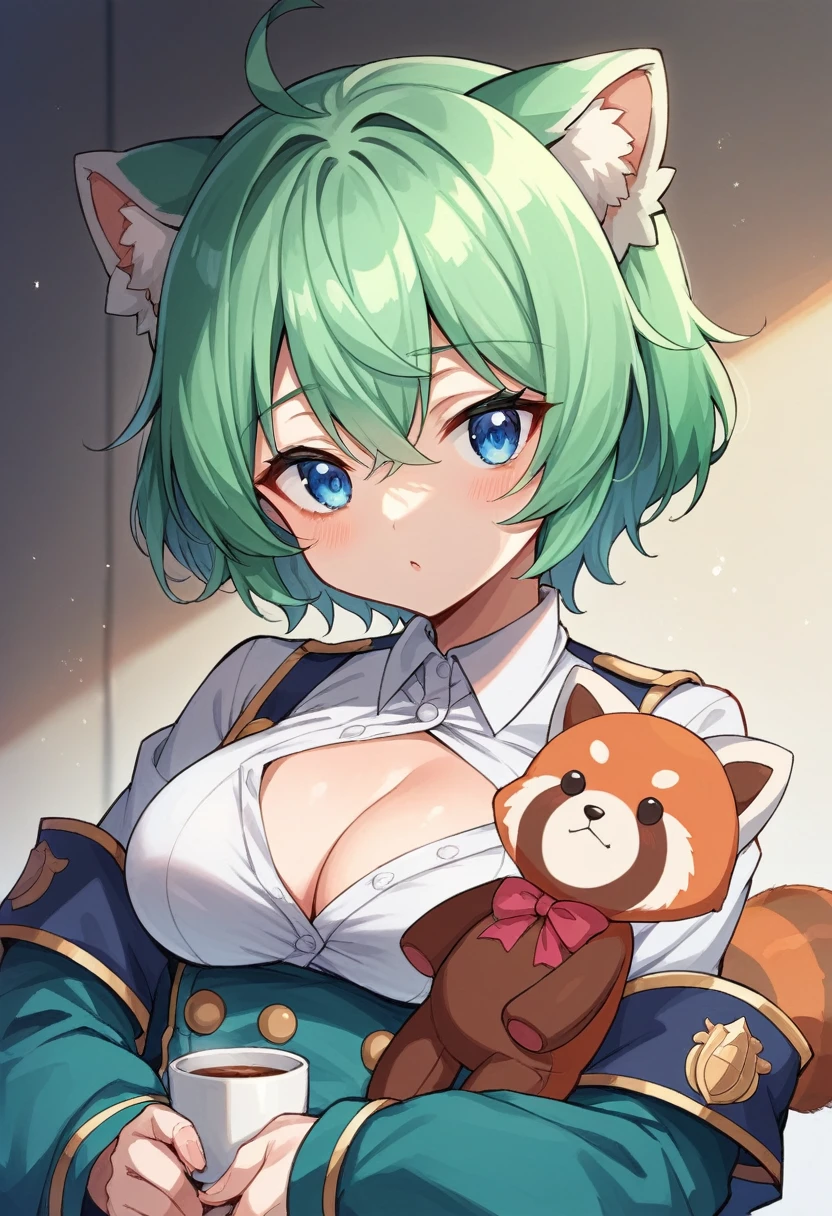 Blue-green hair girl Blue Eyes Short Hair Red panda stuffed toy Second Dimension anime An illustration vtuber Beautiful breasts C cup long sleeves cleavage Double teeth smile
