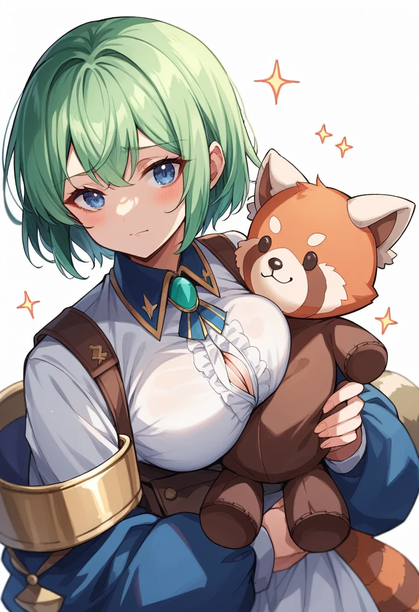 Blue-green hair girl Blue Eyes Short Hair Red Panda stuffed toy Second Dimension anime An illustration vtuber C Cup Warrior uniform long sleeve Clothes patina Cleavage stuffed toy Embrace One person Braiding hair arrange The chest area of the clothes is sexy and open エンブレムにはペンギンの可愛いAn illustration