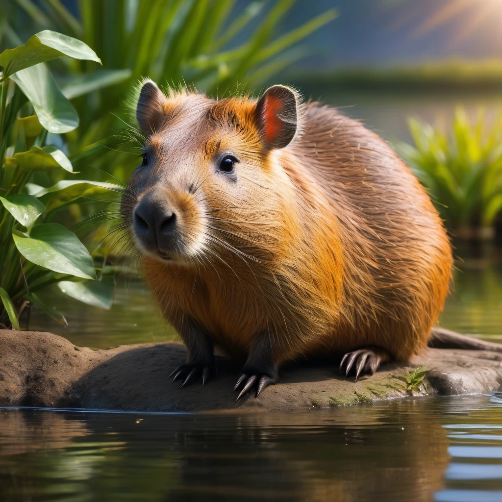 (best quality, 8k, high resolution, masterpiece: 1.2), ultra detail, HDR, UHD, studio lighting, ultra detailed painting, sharp focus, physically based rendering, extremely detailed, professional, vivid colors, bokeh, portrait, concept artist, warm tones, dramatic lighting, no people, pond, a capybara sitting in a pond, capybara with closed eyes, detailed plants,