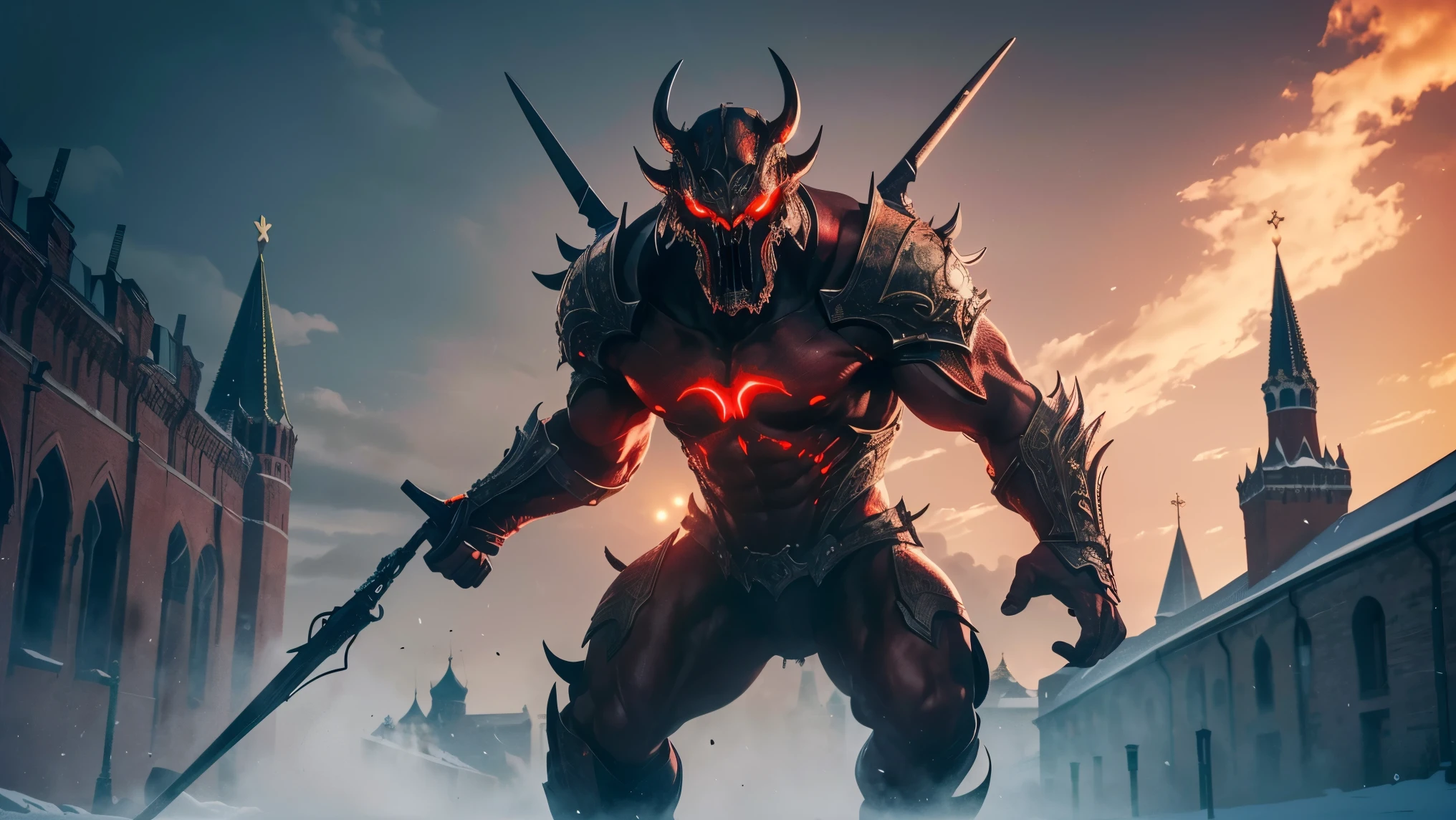 (extremely detailed 8k wallpaper. size 1024X567 ), medium photo of a monster with red eyes in the Kremlin in Moscow, difficult, high detail, Dramatic  