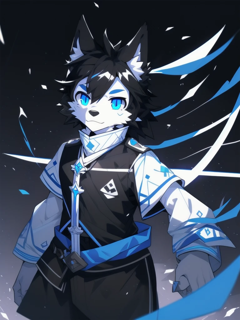 White Wolf，black hair，Sky blue eyes，hairy，Wolf ears，Wolf tail，Full body portrait，The character is in the center of the frame，Handsome，Confident eyes，male，juvenile，Black and white combat uniform，Red neck bib，Black shorts，Short sleeve，hairy arms and legs，Dark background，Dark battlefield，dawn，sunrise，dawn，illumination，shadow，Swordsman，Scabbard and sword，Hold the hilt of a sword in your hand，The scabbard is at the waist，Highest quality