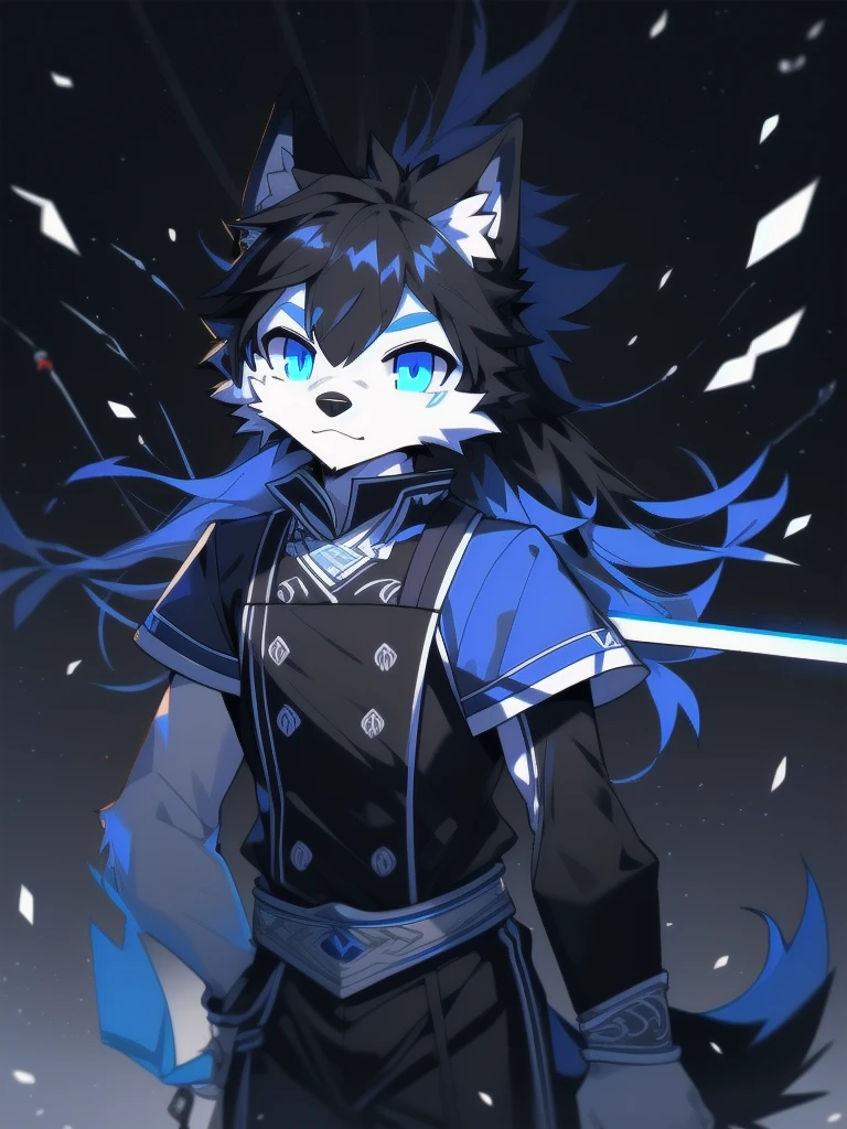 White Wolf,black hair,Sky blue eyes,hairy,Wolf ears,Wolf tail,Full body portrait,The character is in the center of the frame,Handsome,Confident eyes,male,juvenile,Black and white combat uniform,Red neck bib,Black shorts,Short sleeve,hairy arms and legs,Dark background,Dark battlefield,dawn,sunrise,dawn,illumination,shadow,Swordsman,Scabbard and sword,Hold the hilt of a sword in your hand,The scabbard is at the waist,Highest quality
