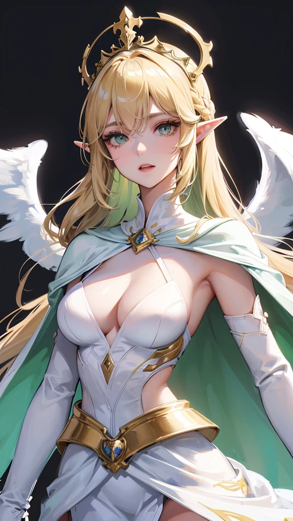 Photograph of the upper body of a beautiful woman, (nomal breasts, perfect body), Sharp focus, (proportional body , mature woman), ((Looking ahead)), (Highly detailed skin, hair follicles:1.4,),
( long hairstyles) blond hair, green eyes, angels , elf ears, fantasy (wear white cape), (white cloth), warriors , elegant, luxury, long skirts , wear accessories , wear crowns