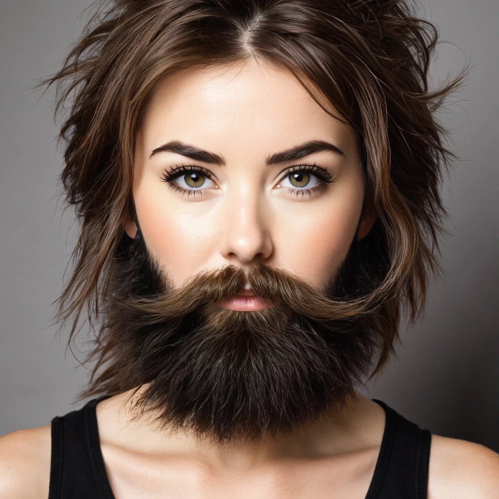 extremely bearded, shaggy and hairy woman, advertises minoxidil kirkland