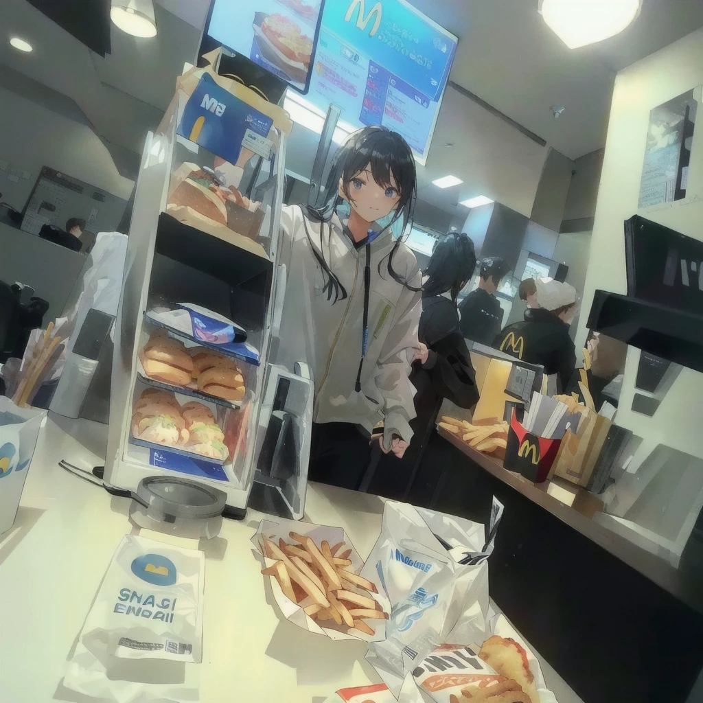 Someone is wearing a mask in the restaurant, Work at McDonald's, At the counter, serving fries, Serve burgers, Eating inside McDonald's, elon musk Work at McDonald's, Fast Food Review, a mcdonalds gundam, operating on burgers, now at mcdonalds, 3 6 0 Capture, Serving the Big Mac, With index finger, Filmed with the best DLSR cameras, blue mcdonalds