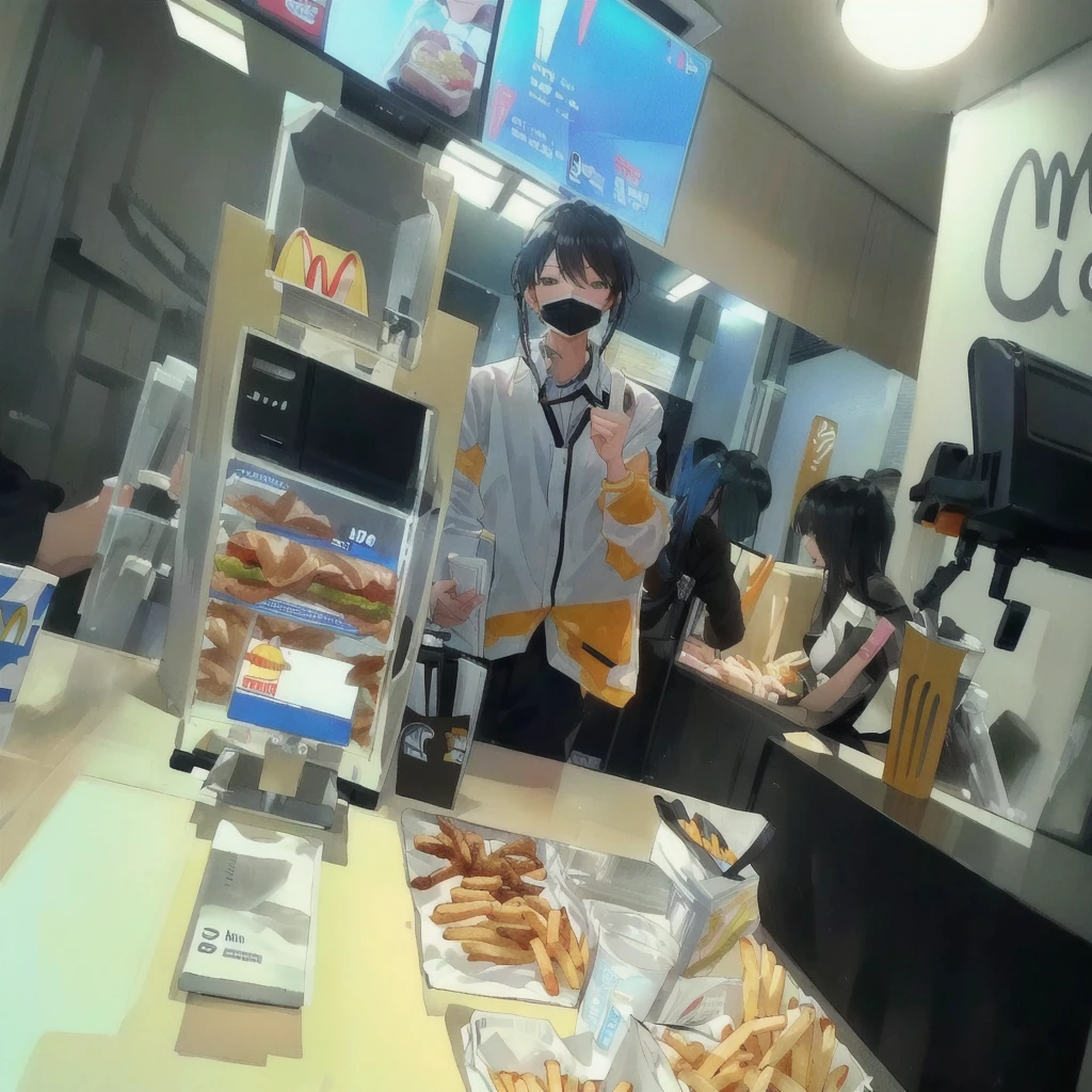 Someone is wearing a mask in the restaurant, Work at McDonald's, At the counter, serving fries, Serve burgers, Eating inside McDonald's, elon musk Work at McDonald's, Fast Food Review, a mcdonalds gundam, operating on burgers, now at mcdonalds, 3 6 0 Capture, Serving the Big Mac, With index finger, Filmed with the best DLSR cameras, blue mcdonalds