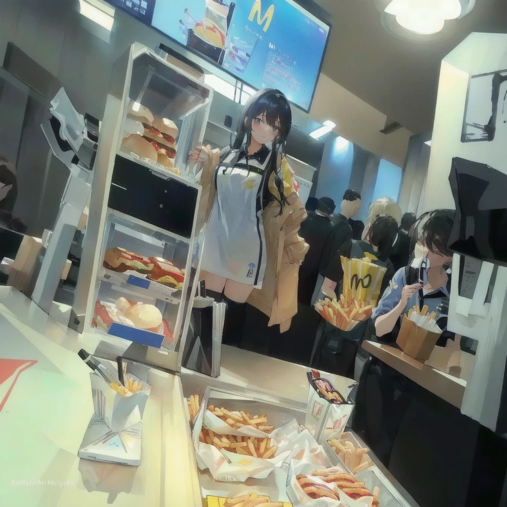Someone is wearing a mask in the restaurant, Work at McDonald's, At the counter, serving fries, Serve burgers, Eating inside McDonald's, elon musk Work at McDonald's, Fast Food Review, a mcdonalds gundam, operating on burgers, now at mcdonalds, 3 6 0 Capture, Serving the Big Mac, With index finger, Filmed with the best DLSR cameras, blue mcdonalds