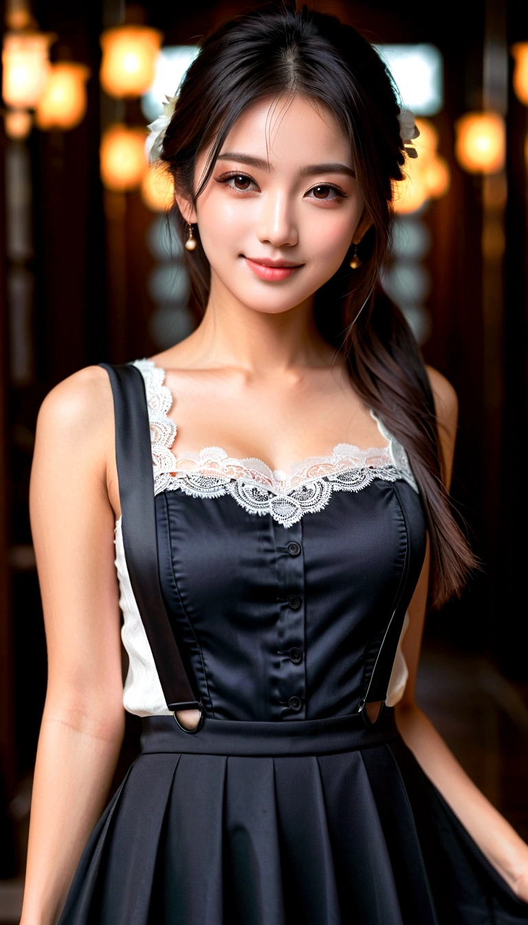 (Top quality, 8K, masterpiece: 1.3)), 1 Girl, Japanese woman, goddess, , Portrait Photography, High contrast, Divine Perspective, Aperture F1.2, Focal length 24mm, (whole body: 1.2), Smile, Photo poses, detailed lace, Suspender Skirt, Simple cutting dress, Brand clothing, Simple cutting, Black long hair, tie hair, Extremely detailed skin details, Fine fabric texture