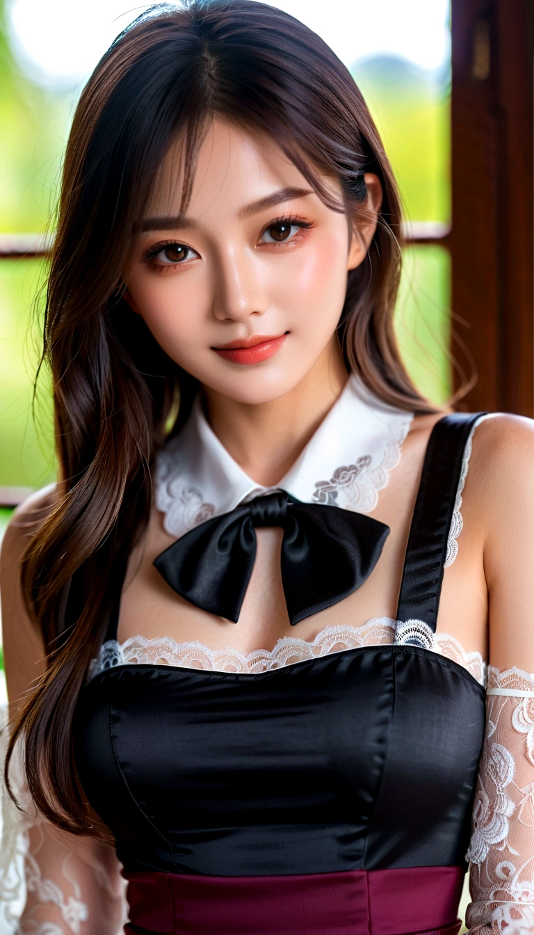 (Top quality, 8K, masterpiece: 1.3)), 1 Girl, Japanese woman, goddess, ************, Portrait Photography, High contrast, Divine Perspective, Aperture F1.2, Focal length 24mm, (whole body: 1.2), Smile, Photo poses, detailed lace, Suspender Skirt, Simple cutting dress, Brand clothing, Simple cutting, Black long hair, tie hair, Extremely detailed skin details, Fine fabric texture