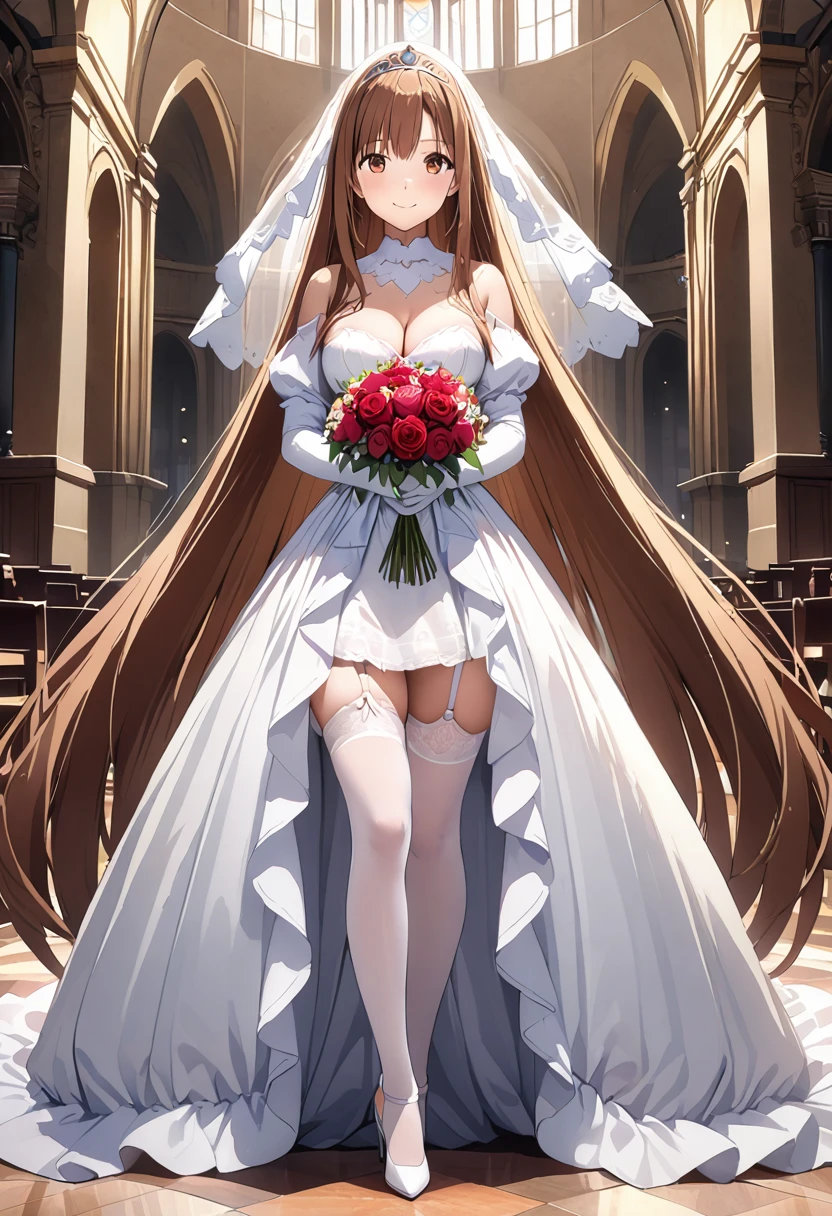 Highest quality、Super detailed、High resolution illustrations、Ultra-high-definition CG、8k size wallpaper、Production Art、Light novel illustrations、(1People Girls)、asuna yuuki, long hair, bangs, brown hair, brown eyes, very long hair, braid、dress, bare shoulders, detached sleeves, white dress, A smile full of happiness、Puff sleeves、Wedding Veil、tiara、Cleavage cutouts、Red brooch、Wedding dress、White Dress、White Gloves、Long skirt、Hidden garter belt、White Stockings、White stiletto heels、Holding a bouquet in both hands、Full Body、hyperrealistic、spoken heart