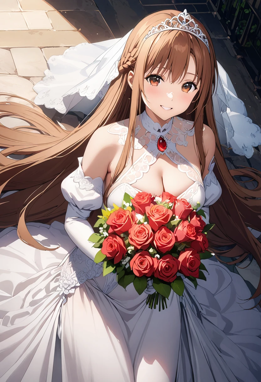 Highest quality、Super detailed、High resolution illustrations、Ultra-high-definition CG、８k size wallpaper、Production Art、Light novel illustrations、（１People Girls)、asuna yuuki, long hair, bangs, brown hair, brown eyes, very long hair, braid、dress, bare shoulders, detached sleeves, white dress, A smile full of happiness、Puff sleeves、Wedding Veil、tiara、Cleavage cutouts、Red brooch、Wedding dress、White Dress、White Gloves、Long skirt、Hidden garter belt、White Stockings、White stiletto heels、Holding a bouquet in both hands、Full Body、hyperrealistic、spoken heart