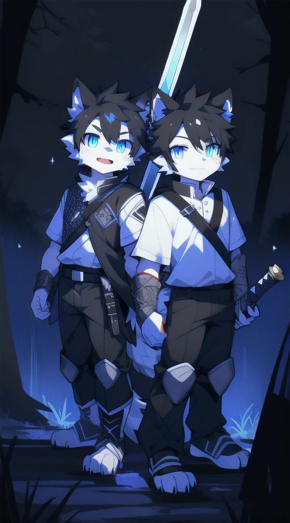 White Wolf,black hair,Sky blue eyes,hairy,Wolf ears,Wolf tail,Full body portrait,The character is in the center of the frame,Handsome,Confident eyes,male,juvenile,Black and white combat uniform,Red neck bib,Black shorts,Short sleeve,hairy arms and legs,Dark background,Dark battlefield,dawn,sunrise,dawn,illumination,shadow,Swordsman,Scabbard and sword,Hold the hilt of a sword in your hand,The scabbard is at the waist,Highest quality