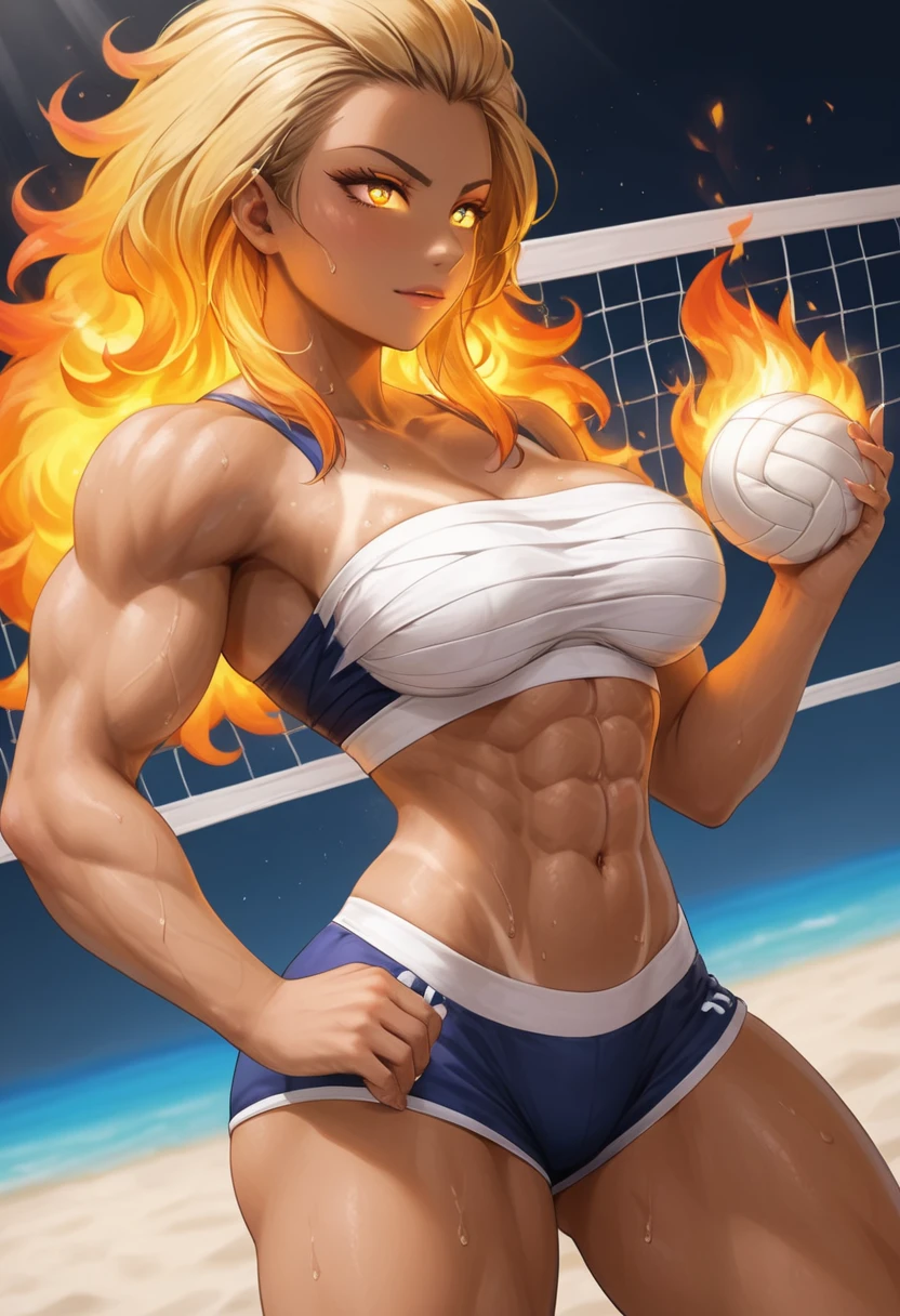 Prompt 

detailed illustration, (front view), (side view),dynamic angle, ultra-detailed, illustration, clean line art, shading, anime, detailed eyes, detailed face, beautiful face, dramatic lighting, detailed illustration, dynamic angle, ultra-detailed, illustration, single woman 

Fit, toned abs, ((volleyball shorts)), ((fundoshi breast wrap)), volleyball player, big round ass, big tits, caramel tan skin, dark skin tone, wide hips, narrow waist, thunder thighs, (blazing blonde hair), (glowing eyes), glowing sclera, muay thai wraps, small strong biceps, sweat, ((bandaged breasts)), flaming hair, hair is fire, flames rolling down skin, clothes catching on fire, embers, sweats fire, sweat is fire, tan lines, Hispanic, Latina 