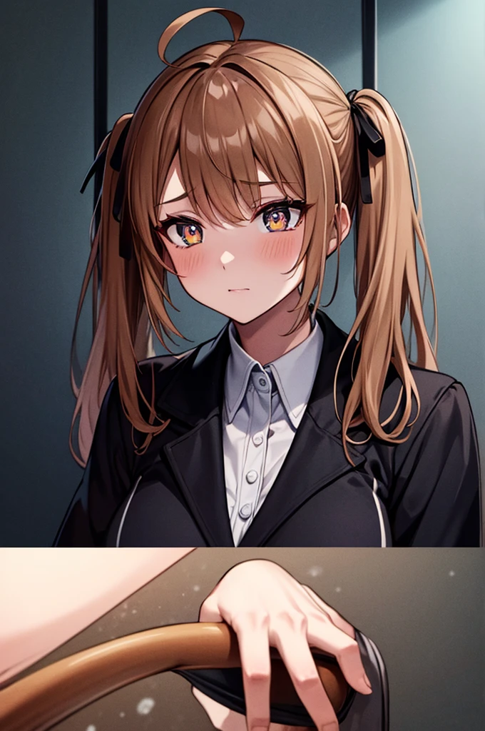 Starry Eyes, Looks even more beautiful than immortal, Ahoge, hair, Star-shaped pupils, Amber Eyes, Colored contact lenses, blush, High detail, anime, Romanticism, Modern, Gothic art, anime style, Cinema Lighting, Ray Tracing, Motion Ry, close, Sony FE GM, Ultra-high resolution, High detail, Highest quality, 8K, Big Breasts, light brown hair, Have, Twin tails, Clean your fingers, Well-formed fingers, Long jacket, ribbon, mystery, knitted Have, snow, anger, impatience