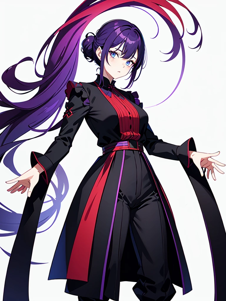 Wearing maid uniform ,　Mature face,tall, Wearing black tights,Blue Eyes,Updo, He wore black trousers, whole body黒の服, The skin is hidden　and gradient hair, (Ink blotches:1.1), (pale:1.2),(purple:1.2),(Red/Black:1.2), I was wearing long pants,cool,Dressed in a black robe, Toned body, Wine red hair, one big woman, Nervous,Cowboy Shot, sketch (Character design sheet, same characters, whole body, Three-View, front, ~ ~ ~ side, return),(Very bright:1.1), White Background, [1 Girl:7], (Tilt your head:1.2), ([sketch|watercolor \(Moderate\)]:1.15),Chaotic Abstract Background, Vector Trace, Gradient Blending, Bright colors, that&#39;wonderful, Very detailed, Complex, (Very low contrast:1.4