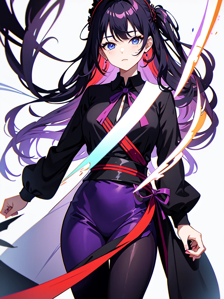 Wearing maid uniform ,　Mature face,tall, Wearing black tights,Blue Eyes,Updo, He wore black trousers, whole body黒の服, The skin is hidden　and gradient hair, (Ink blotches:1.1), (pale:1.2),(purple:1.2),(Red/Black:1.2), I was wearing long pants,cool,Dressed in a black robe, Toned body, Wine red hair, one big woman, Nervous,Cowboy Shot, sketch (Character design sheet, same characters, whole body, Three-View, front, ~ ~ ~ side, return),(Very bright:1.1), White Background, [1 Girl:7], (Tilt your head:1.2), ([sketch|watercolor \(Moderate\)]:1.15),Chaotic Abstract Background, Vector Trace, Gradient Blending, Bright colors, that&#39;wonderful, Very detailed, Complex, (Very low contrast:1.4