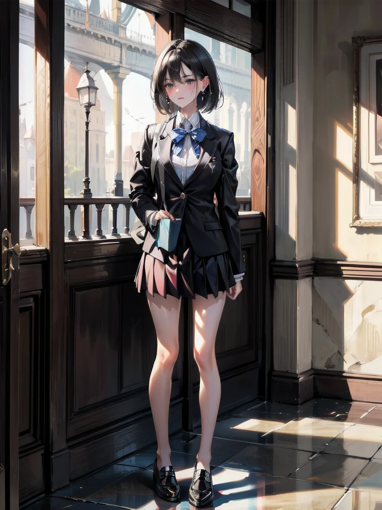 absurdres, RAW photo, extremely delicate and beautiful, masterpiece, Best Quality, ultra high resolution, 32k, hyperrealistic, ultra-detailed, in her 20s, delicate facial features, tearful mole, earring, medium breasts, full body shot, shorter middle hair, black hair, school_uniform, blazer,