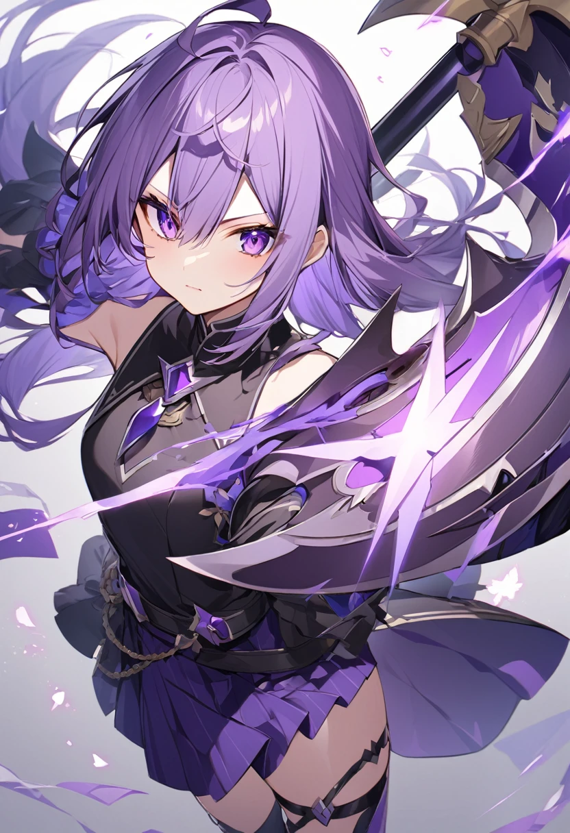Keito。Purple Eyes。Purple Hair。Large purple halberd