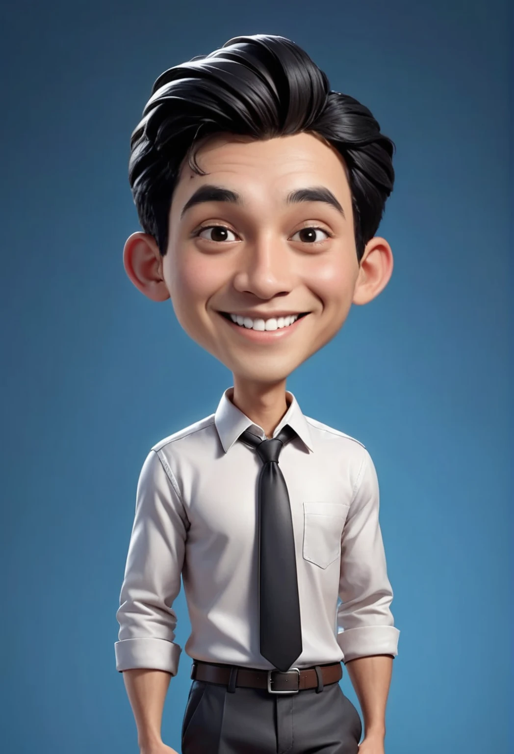 Create a 3D animation of a big-headed cartoon caricature. a  Indonesian woman. She has charming long straight black hair. His face is oval with smooth lines, thick and neat black eyebrows, normal eyes, a big nose, and thin lips with a wide, friendly smile. He wore a white shirt and carried a document in his hand. Gradient blue background with professional lighting. masterpiece, top quality, highly detailed skin and face, ultra-realistic, high definition, studio lighting, sharp focus, full body visible, Concept Art, 3D rendering.