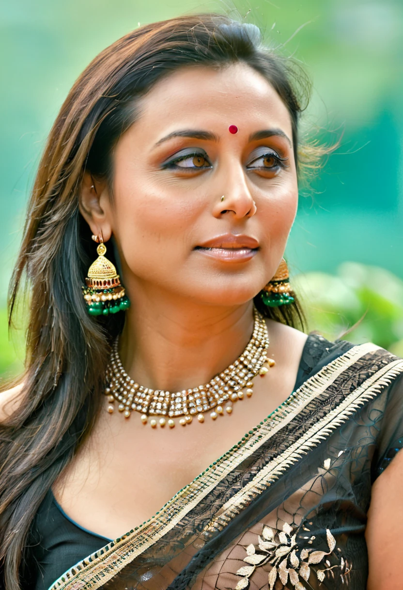 ultra realistic soft focus photo of a 30-year-old woman, sexy woman rani mukerji, outdoors, high neck Mekhela Chador (Assamese traditional attire) lace covering chest and cleavage, huge breast , busty body, Eye roll of exasperation, Fisheye-shot camera angle, looking looking at camera, day time