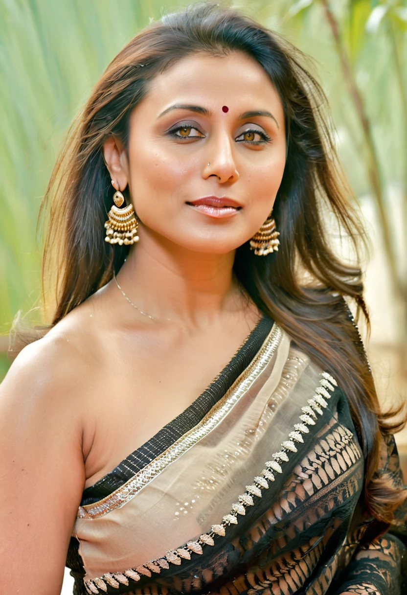 ultra realistic soft focus photo of a 30-year-old woman, sexy woman rani mukerji, outdoors, high neck Mekhela Chador (Assamese traditional attire) lace covering chest and cleavage, huge breast , busty body, Eye roll of exasperation, Fisheye-shot camera angle, looking looking at camera, day time