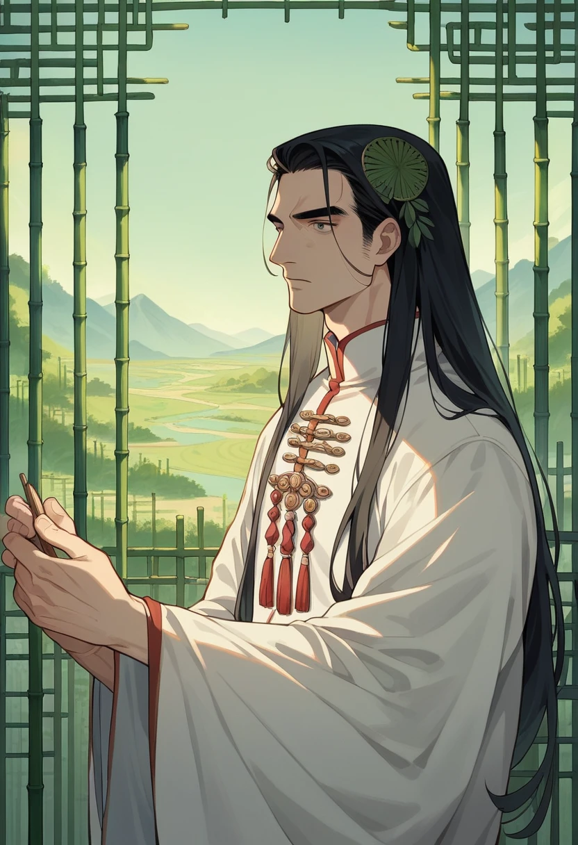 1 Ancient Style Boy，Beautiful face，Exquisite facial features，Middle-parted long hair，black hair，With green hairpin，Cool temperament，White clothes，Bamboo pattern decoration，Background light green landscape，Half figure，Light and Shadow，Bright and clear color