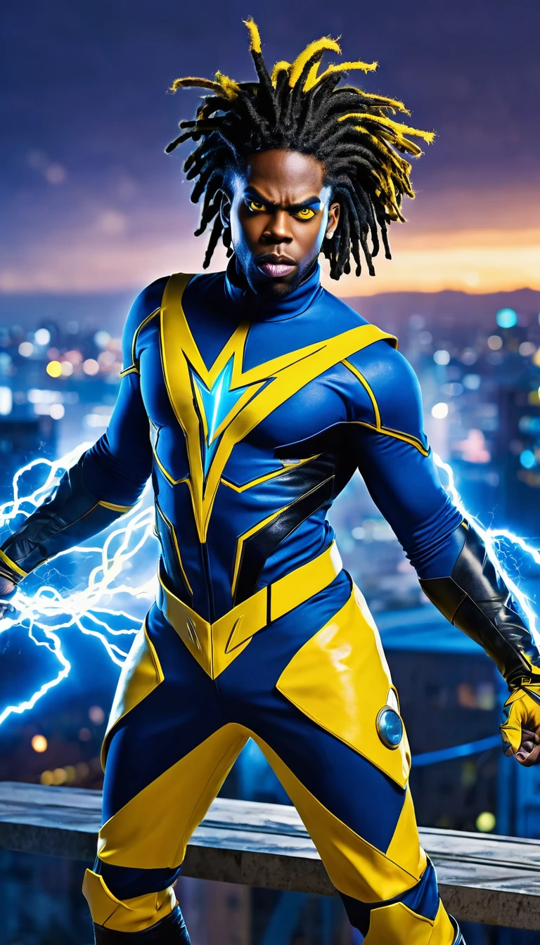 (Masterpiece, 8K, UHD, high resolution: 1.4), dynamic portrait of Static Shock, (iconic blue, yellow, and black costume: 1.3), (dreadlocks, eyes glowing with electric energy: 1.2), (confident and heroic pose: 1.2), (floating metal platform with electricity: 1.3), (background with urban cityscape at dusk: 1.1), (electric bolts and sparks around: 1.3), (vibrant and energetic atmosphere: 1.3), realistic and intricate details, (elements of fantasy and action: 1.2), (dynamic and powerful perspective: 1.3)