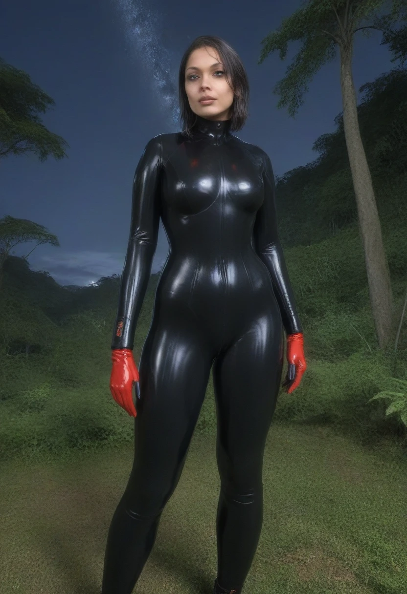 zPDXL, source_anime, BREAK Trilla, helmet with red translucent visor, , armor,black gloves,(tight silver black bodysuit),,black pants, BREAK close-up, solo, standing, front view, medium breasts, , wide hips, BREAK x3dce, 3d, jungle background, dense vegetation, rain, night, night sky,