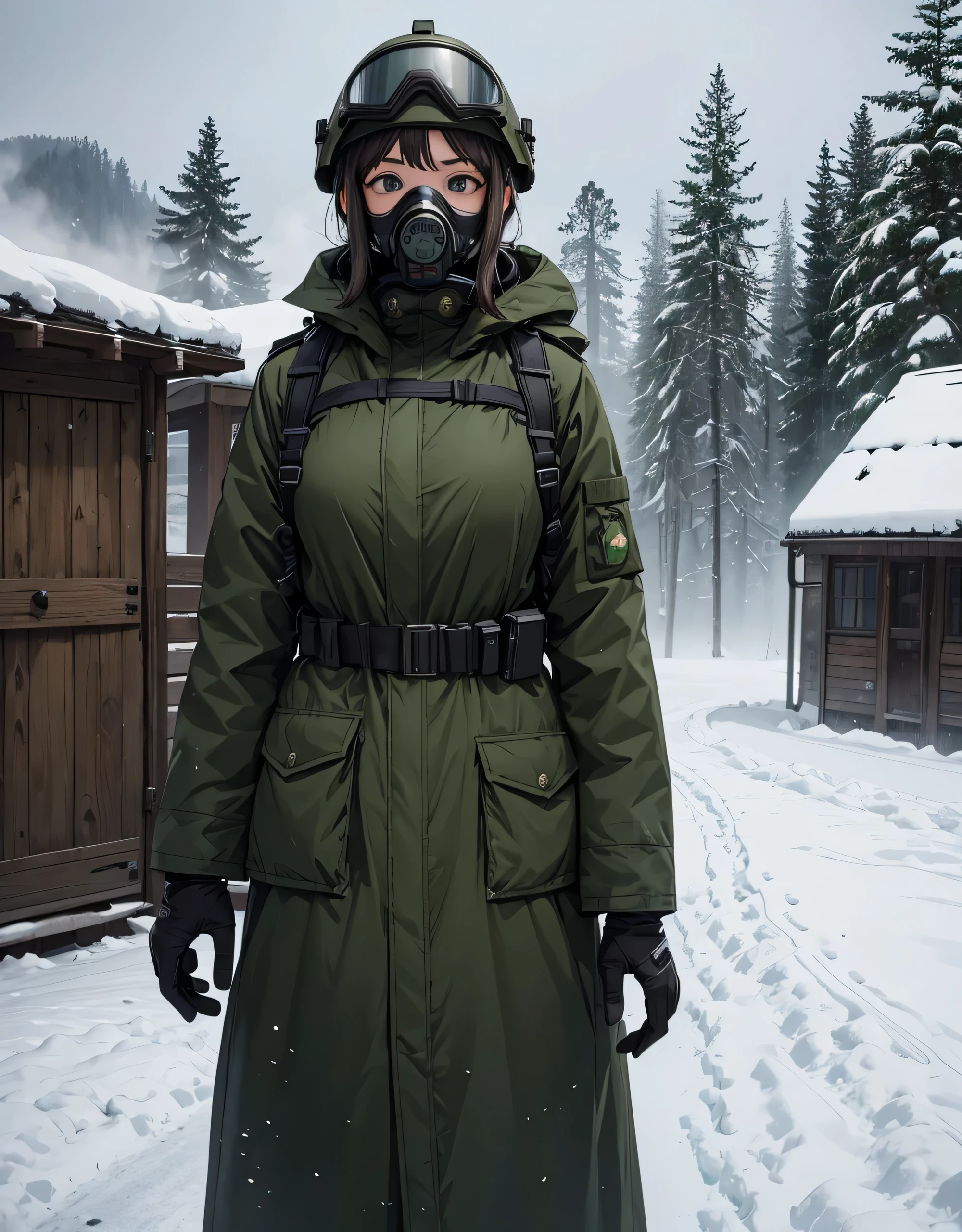 A group of female soldiers wearing dark green thick coats、helmet、Gas Mask、Goggles、Standing side by side、Snowy military camp、masterpiece、best quality、Highly detailed CG、8K picture quality